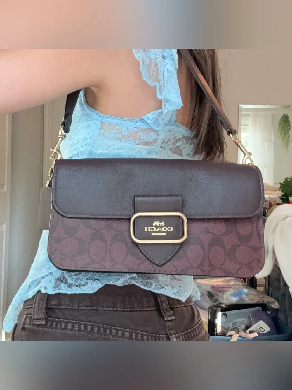 Coach Morgan Women's Shoulder Bag In Signature Canvas CJ617 Gold/Oxblood EUC